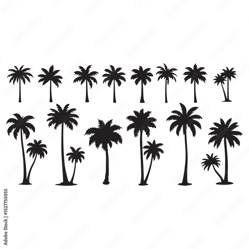 Naklejka premium Set of black palm tree silhouettes isolated on white background. Vector illustration.
