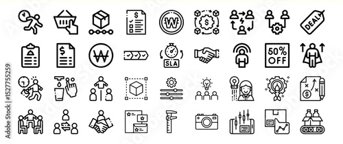 Business deal workflow icons set marketing strategy