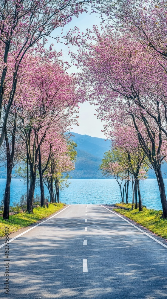 Fototapeta premium Pink blossom-lined road to lake