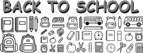 42 back to school outline icon set. manual hand trace