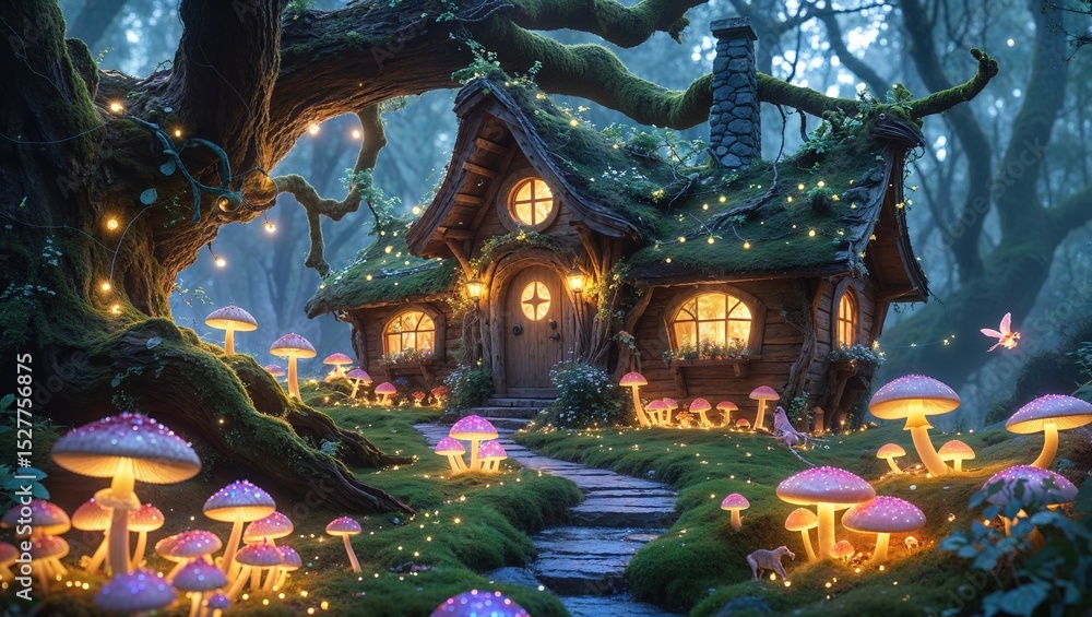 Obraz premium A charming wooden cottage nestled in a mystical forest surrounded by vibrant, glowing mushrooms and twinkling lights. The scene captures the enchanting essence of twilight