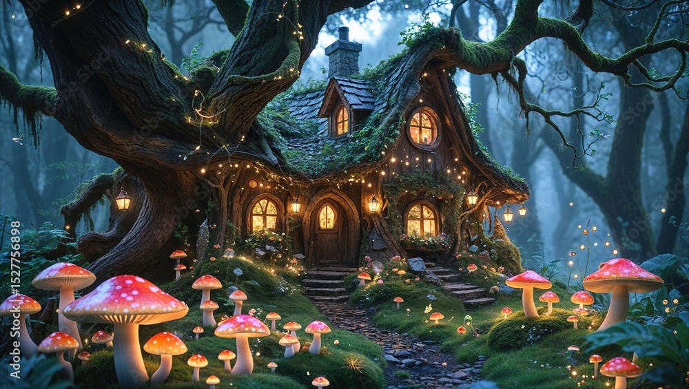 Obraz premium A charming cottage with warm lights is surrounded by vibrant mushrooms and ancient trees in a lush, mystical forest at twilight, creating a magical atmosphere
