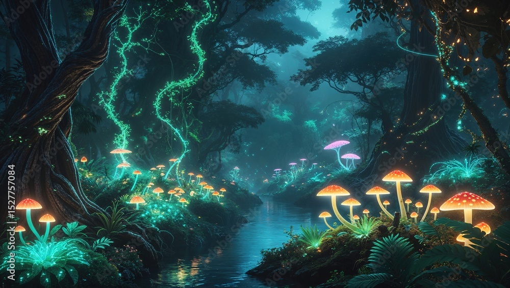 Fototapeta premium Colorful mushrooms glow in various shades along a quiet stream in a dense forest. Tall trees and lush greenery create an enchanting atmosphere under the night sky