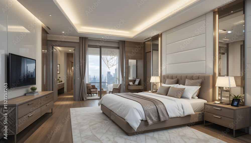 designer interior of contemporary bedroom with comfortable bed and luxurious finishings and LED lights designer interior of contemporary bedroom with comfortable bed and luxurious finishings and LED lights