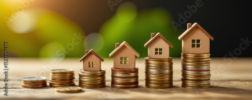 Rows of small houses with stacked coins showing financial growth and investment concept in warm light