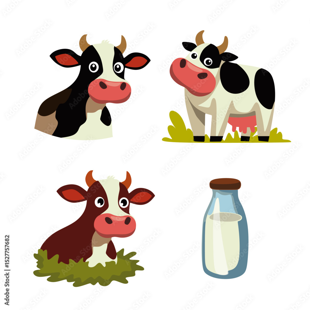 Obraz premium Farm Cow and Milk Bottle