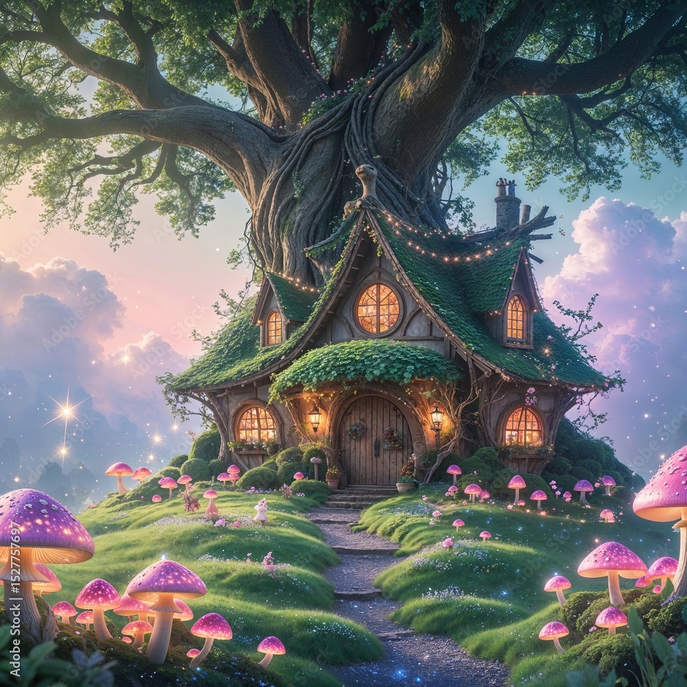 Fototapeta premium A whimsical cottage sits beneath a massive tree, with glowing mushrooms scattered around an inviting path. The sky is painted in soft pastel colors as twilight approaches