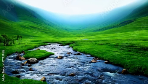 A scenic view of a serene river flowing through a vibrant green valley. The water mirrors the sky, adding to the tranquil ambiance, with lush vegetation on the sides of the river