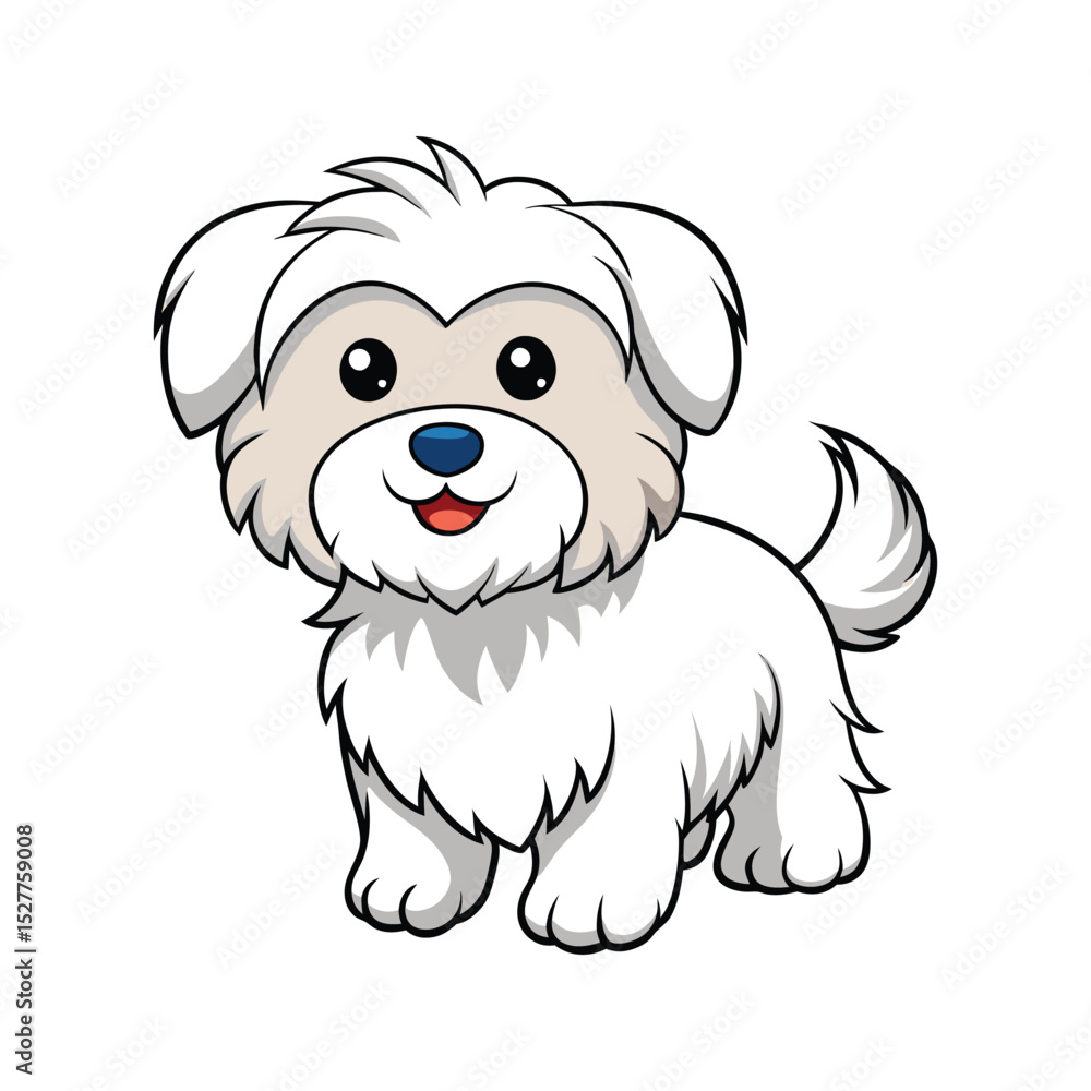 Fototapeta premium Adorable cartoon illustration of a smiling maltese dog with fluffy white fur and happy expression