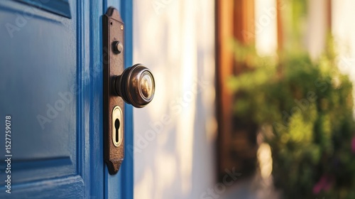 Close-up of a blue front door with a metallic door handle and keyhole, bathed in warm sunlight.