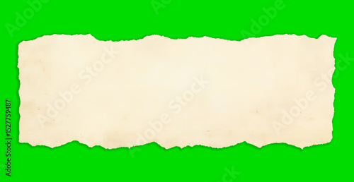 Torn Beige Paper and Green Screen, Ripped Old Paper Frame and Chroma Key, Blank Vintage Note Background