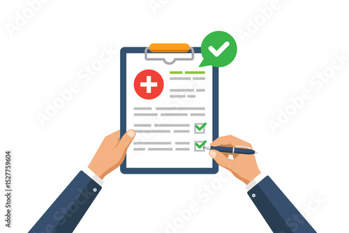 Vector illustration of completing a medical checklist on a clipboard with health status and approval icons.