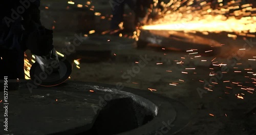 Male hand cuts off pieces of water pipe with angle grinder. Cutting of a steel with splashes of sparks at construction site. Sparks during cutting of metal angle grinder