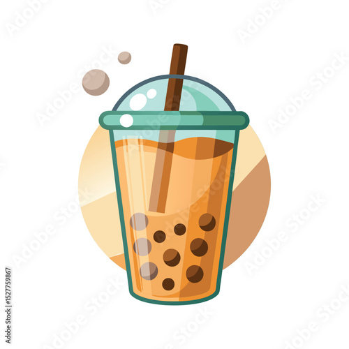 Colorful illustrated bubble tea drink with tapioca pearls and a brown straw on white background