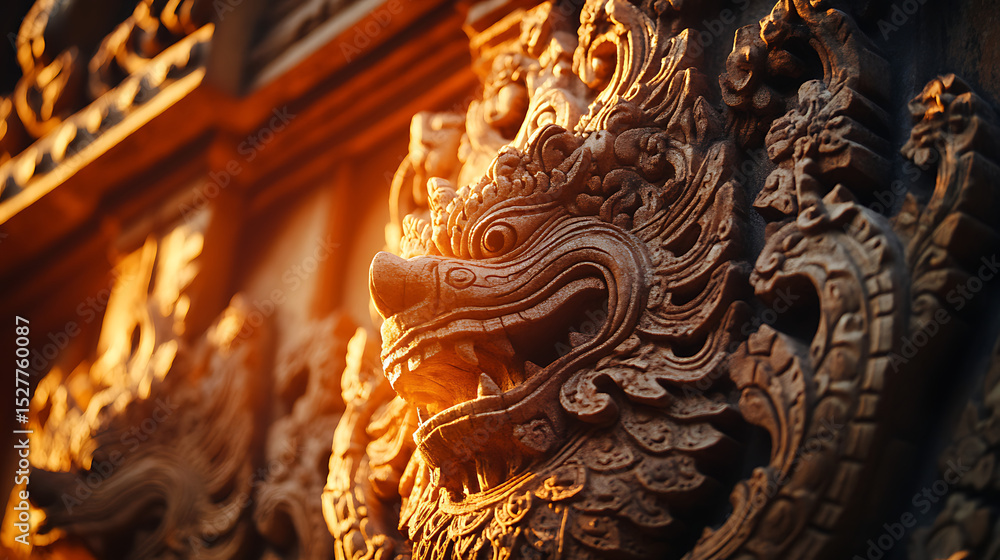 Fototapeta premium Close-up of intricate Thai temple carvings glowing under warm studio lighting