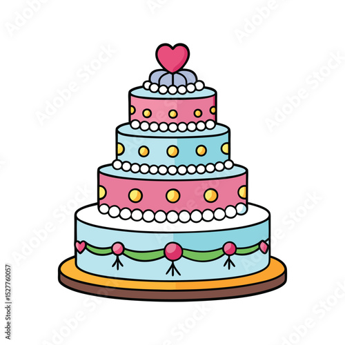 Colorful tiered celebration cake with a heart and pearls for weddings birthdays anniversaries