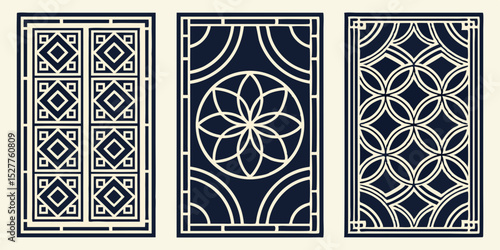 Collection of art deco seamless ornamental geometric patterns - rich design. Repeatable oriental dark navy blue  luxury backgrounds. Decorative elegant prints. vector illustration
