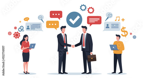 Business Meeting Concept. Vector cartoon full-length illustration in a flat style of business people with two men in suits in the center shaking hands. Isolated on background. 