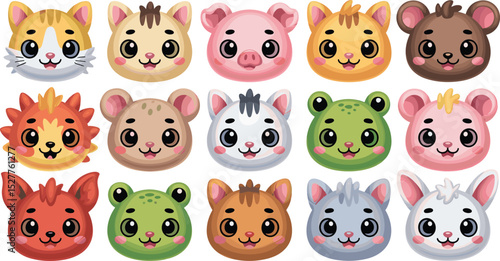 Adorable Vector Illustration of Cartoon Animal Faces with Diverse Species and Expressions, Perfect for Kids' Design Projects