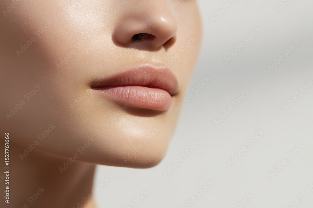 Obraz premium Close-up of a beautiful womans lips with soft pink color, showcasing smooth skin texture and natural makeup, emphasizing beauty and elegance in a minimalistic setting