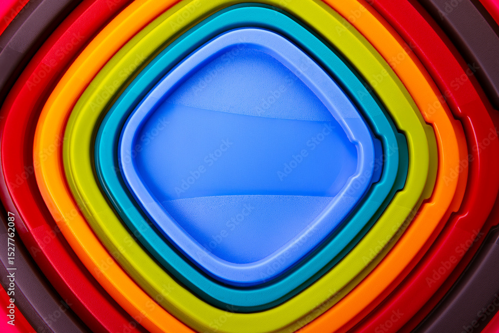 Obraz premium Overhead view of stacked plastic trays in vibrant rainbow colors forming a geometric pattern.