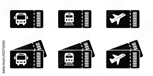 Travel ticket for bus, train and plane ticket vector. Vector transit ticket collection. Public transport pass set with barcodes Flat design.