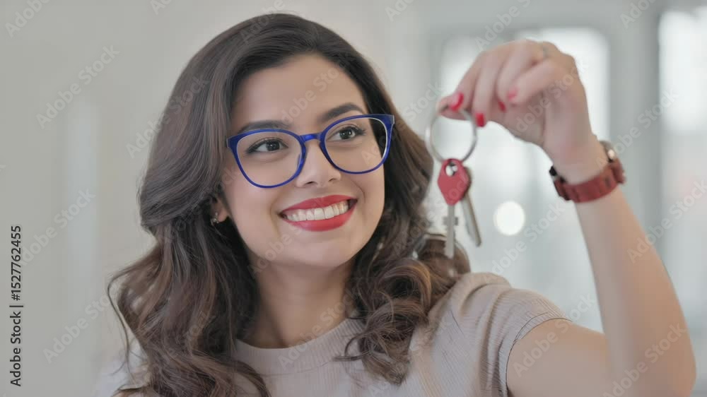 Happy Latino Woman Displays New Home Keys, Wearing Glasses Happy Latino Woman Displays New Home Keys, Wearing Glasses