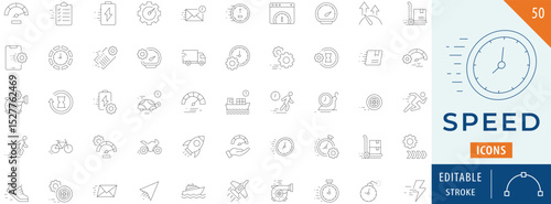 Speed icon collection set. Contains movement, fast, turbo, speeding, rocket, wheel, and more. Editable stroke.