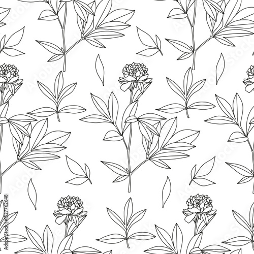 Peony branch with leaves. Coloring page for adults and children.