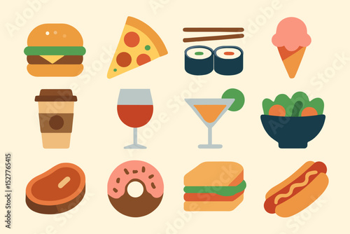 Assorted food and beverage icons: pizza, sushi, burger, ice cream, drinks, salad