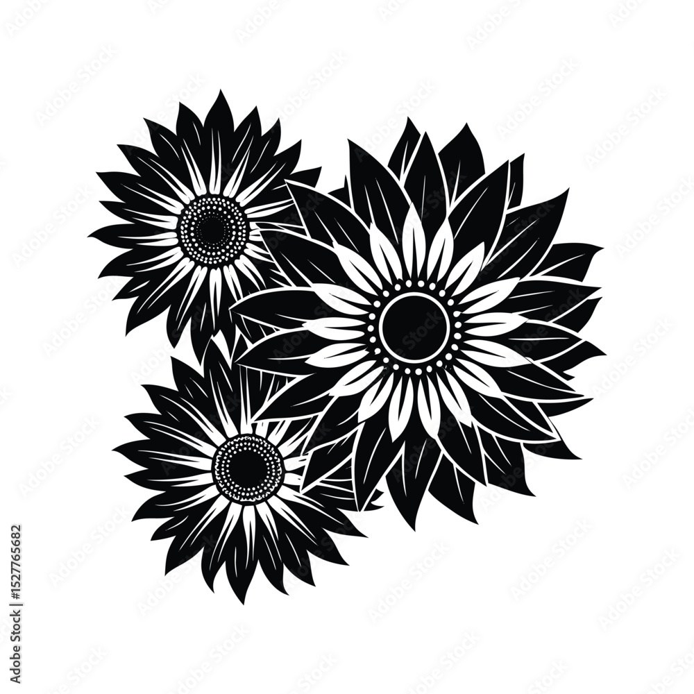 Fototapeta premium Elegant black and white illustration of a group of beautiful sunflower blossoms