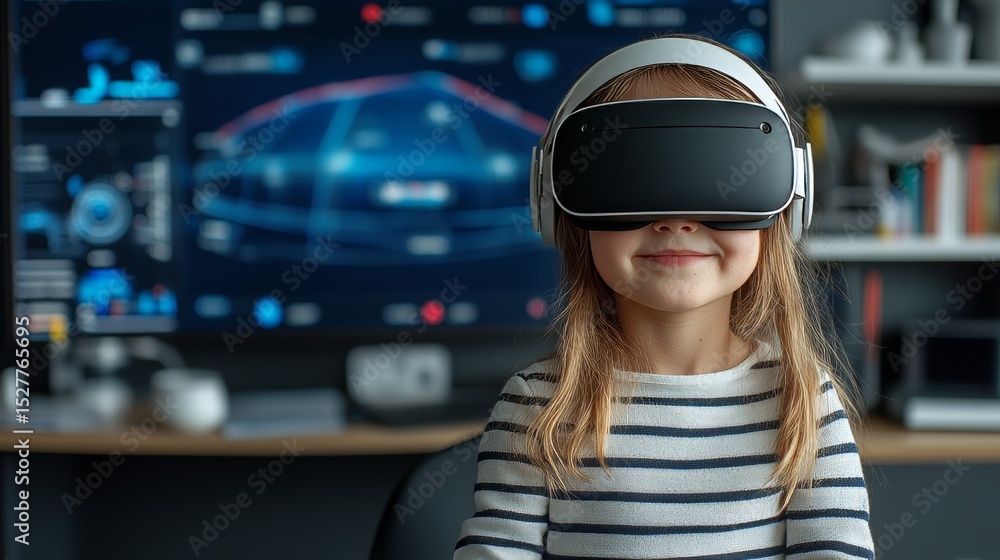 Young girl student using VR headset in immersive science class|futuristic education technology Young girl student using VR headset in immersive science class|futuristic education technology