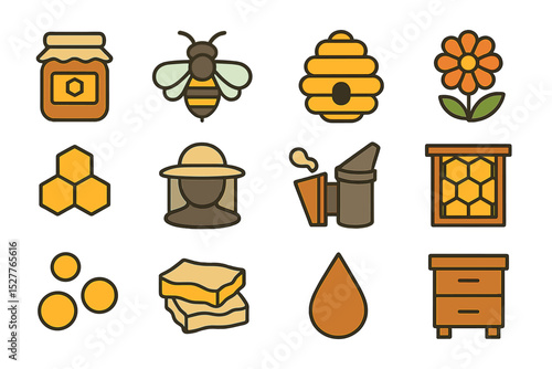 Beekeeping icons featuring honey, beehive, and tools on a warm background