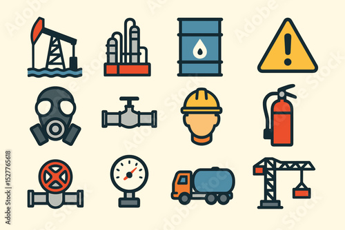 Industrial and safety icons: oil rig, gas mask, hard hat, and more