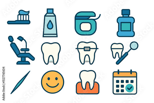 Dental care icons: toothpaste, floss, mouthwash, toothbrush, dental chair, tooth, orthodontics, calendar