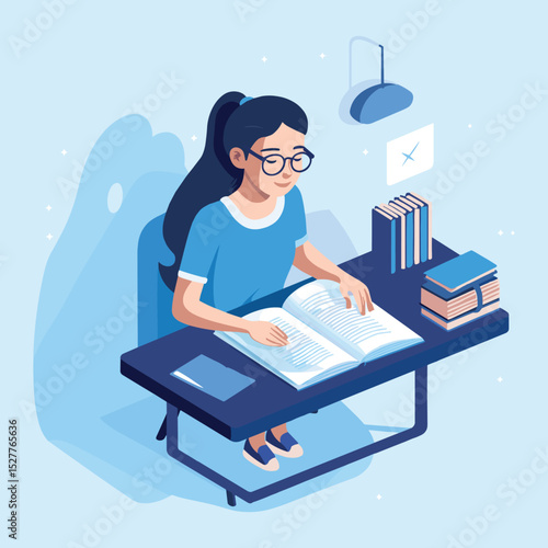 Isometric Girl Studying at Desk with Books and Laptop Illustration
