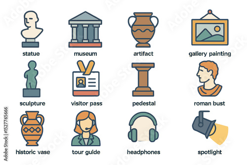 Icons of museum artifacts and roles featuring statues and gallery elements