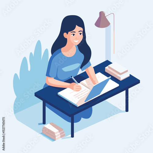 Isometric Girl Studying at Desk with Books and Laptop Illustration