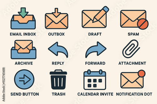 Email icon set: inbox, outbox, draft, spam, archive, reply, forward, attachment