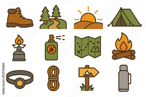 Camping essentials icons: tent, map, campfire, hiking, adventure gear