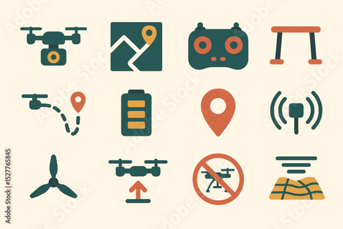Drone icons set: navigation, control, battery, location, and connectivity