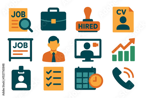 Job search and hiring icons: briefcase, resume, online interview, and analytics graphics