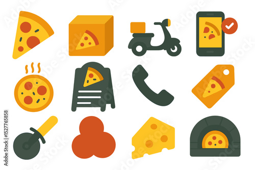 Pizza food delivery icons: scooter, pizza box, oven, phone, tag, menu, tools