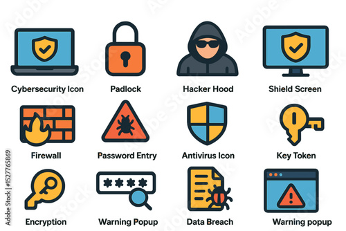 Cybersecurity icons collection including padlock, hacker hood, firewall, and data breach symbols