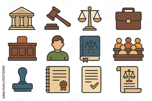 Legal icons collection: courthouse, scales of justice, male figure, gavel, documents