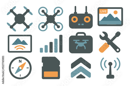 Colorful drone interface icons featuring controls, navigation, and signal elements