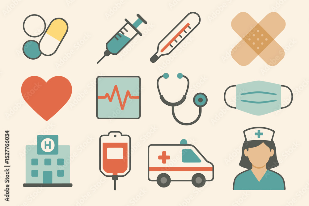 Healthcare icons: medicine, syringe, thermometer, bandage, heart, stethoscope, ambulance, nurse Healthcare icons: medicine, syringe, thermometer, bandage, heart, stethoscope, ambulance, nurse