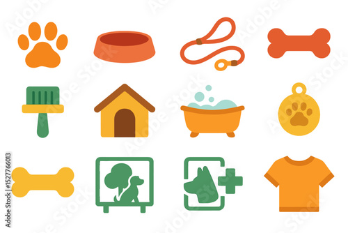 Colorful abstract icons of pet care essentials: paw, leash, bath, and more