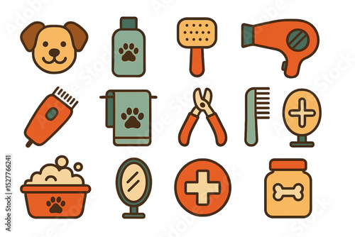 Colorful dog grooming icons collection on brown background