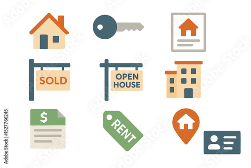 Real estate icons: sold, open house, rent, house, apartment signage